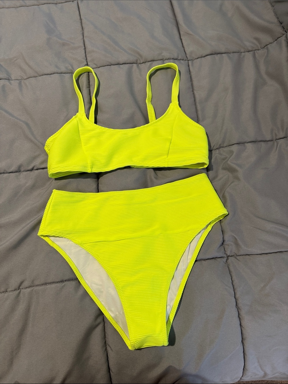 High-Waist Ribbed Bikini Set in Neon Yellow